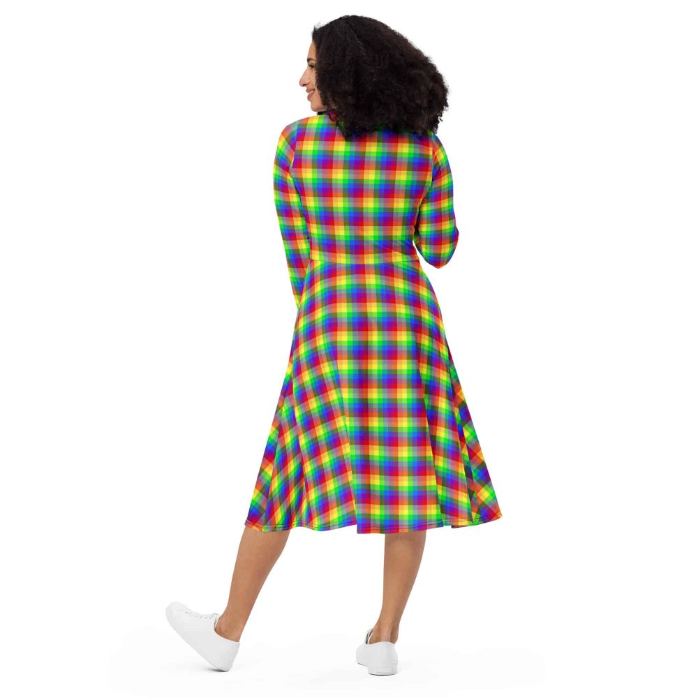 Pride Rainbow Plaid All-Over Print Long Sleeve Midi Dress - Image 4