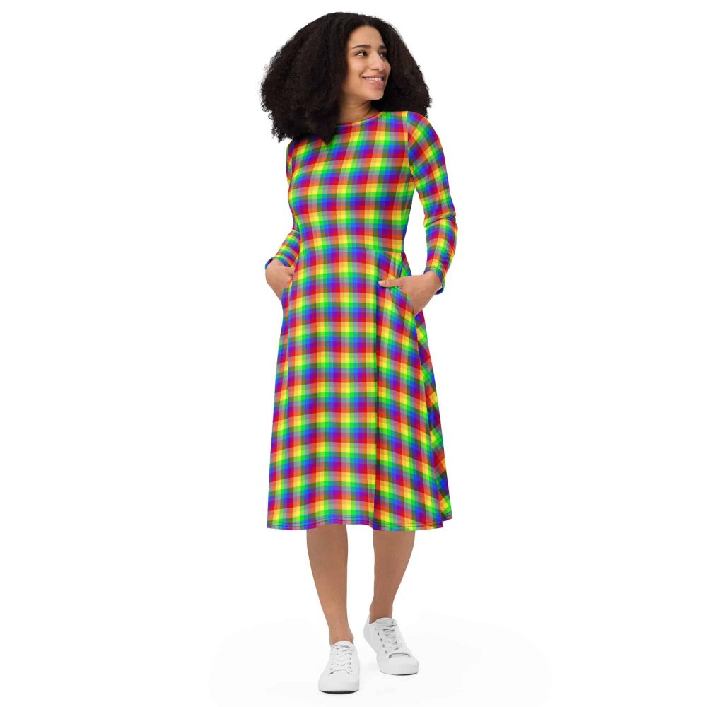 Pride Rainbow Plaid All-Over Print Long Sleeve Midi Dress