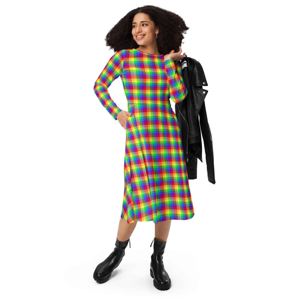 Pride Rainbow Plaid All-Over Print Long Sleeve Midi Dress - Image 2