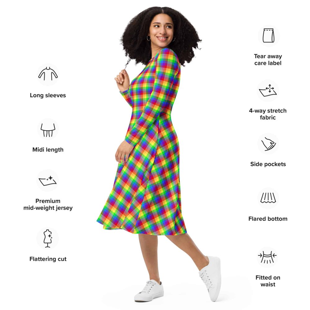 Pride Rainbow Plaid All-Over Print Long Sleeve Midi Dress - Image 5