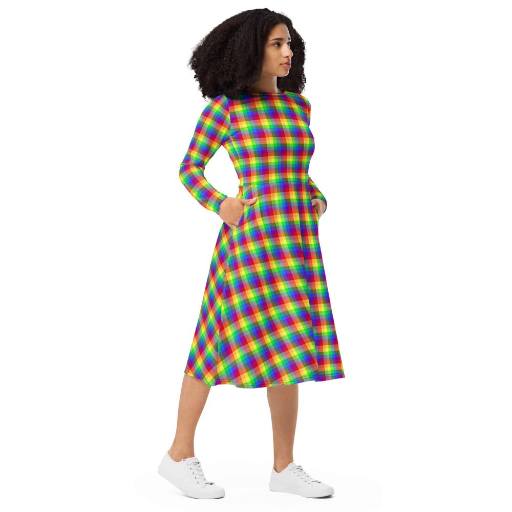 Pride Rainbow Plaid All-Over Print Long Sleeve Midi Dress - Image 3